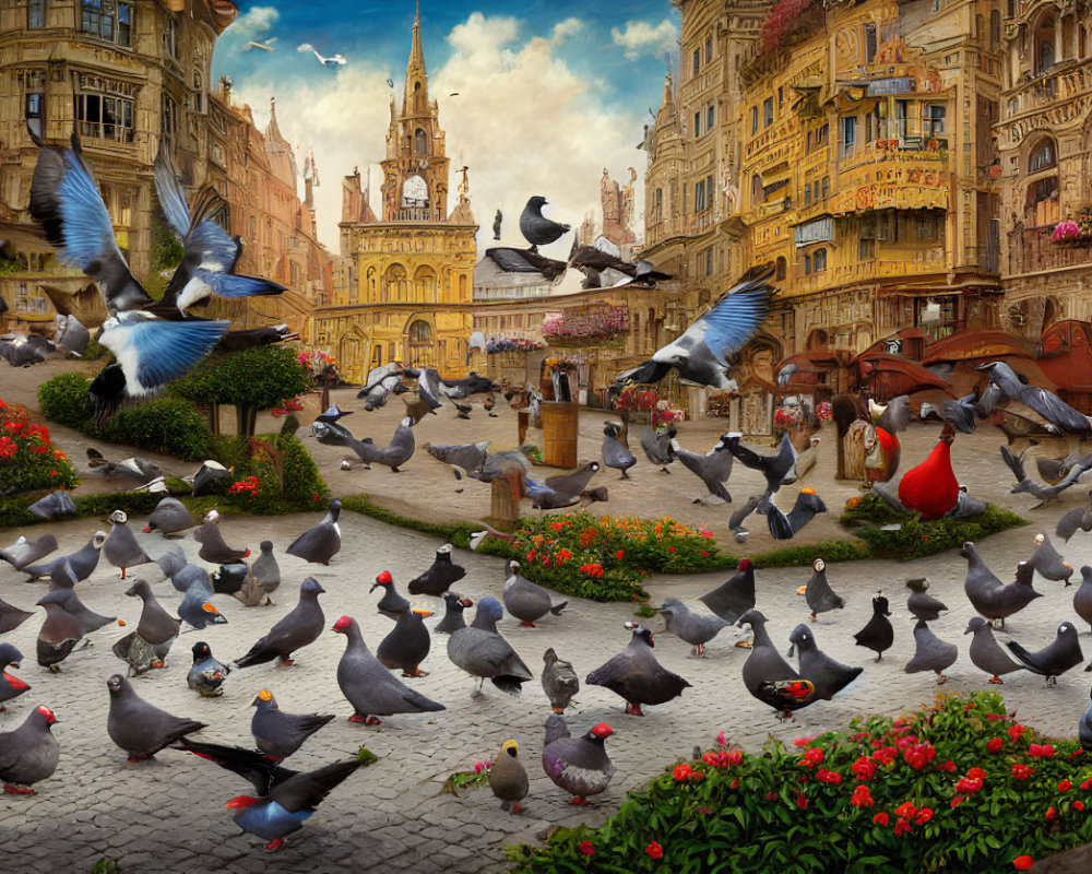 Town Square Scene with Pigeons, Historic Architecture, Florals, and People