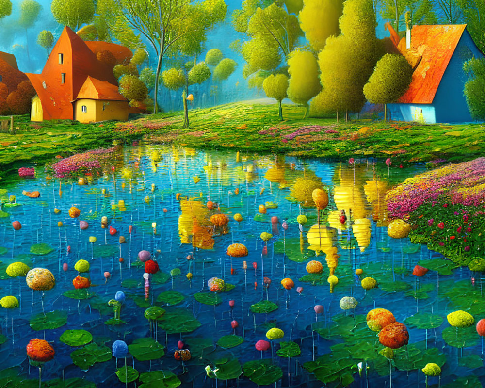 Whimsical landscape painting with colorful trees and quaint houses