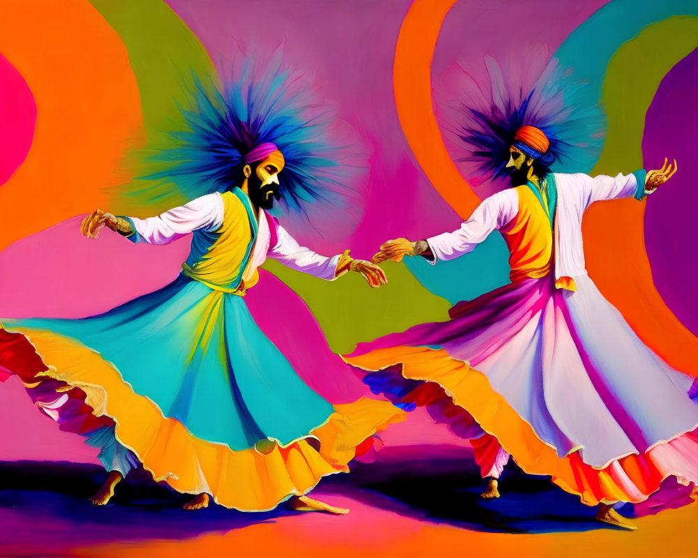 Sikh men in vibrant traditional attire dancing Bhangra