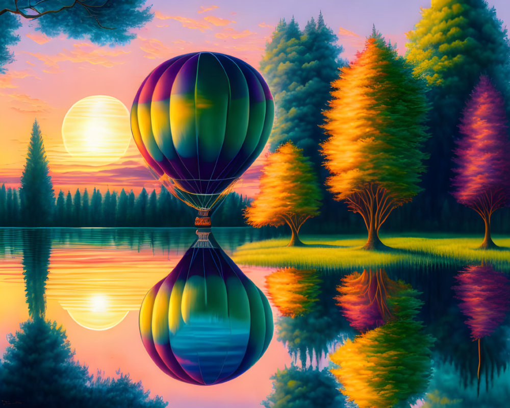 Colorful hot air balloon over serene lake at sunset