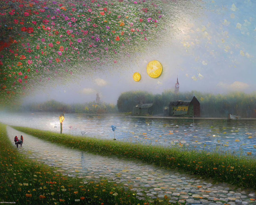 Couple walking by river in scenic landscape with vibrant flowers and two moons