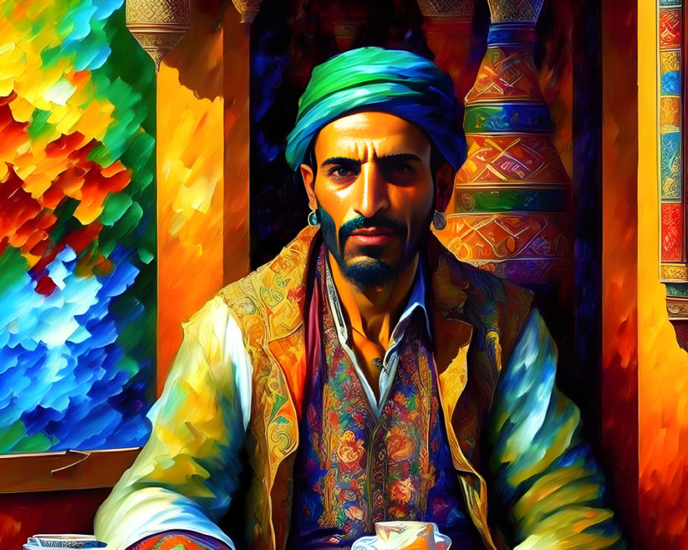Vibrant digital art of a man in traditional attire with a turban