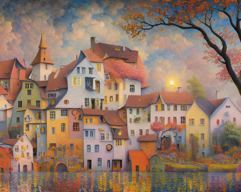 Picturesque village with storybook houses near river and autumn foliage