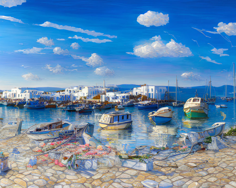 Boats, Blue Skies, White Buildings: Picturesque Coastal Harbor