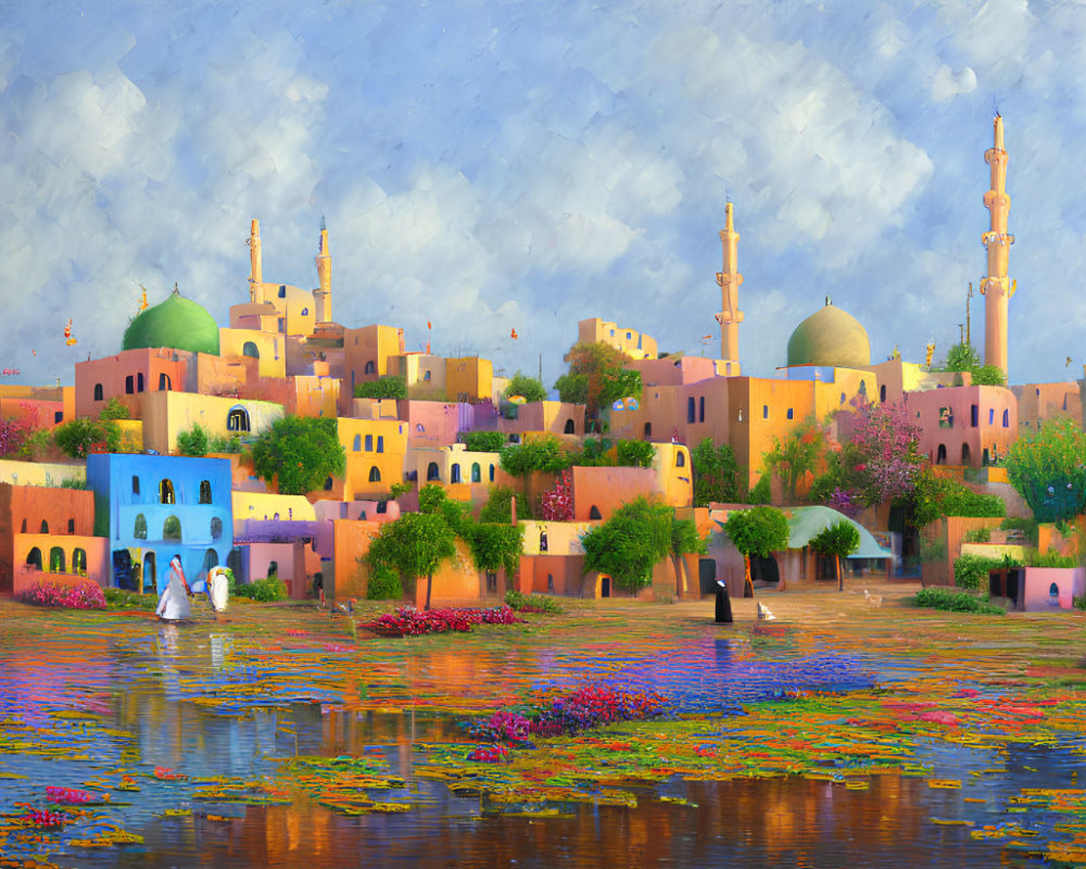 Vibrant painting of Middle Eastern town with domes, minarets, and river scene.
