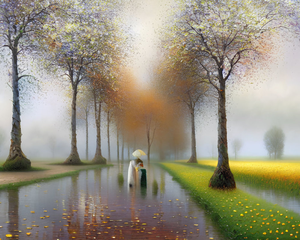 Person with umbrella walking on waterlogged path in misty landscape