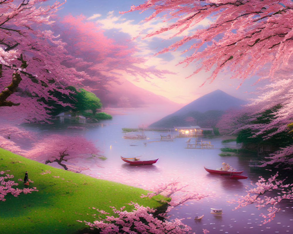 Tranquil Cherry Blossom Landscape by a Lake