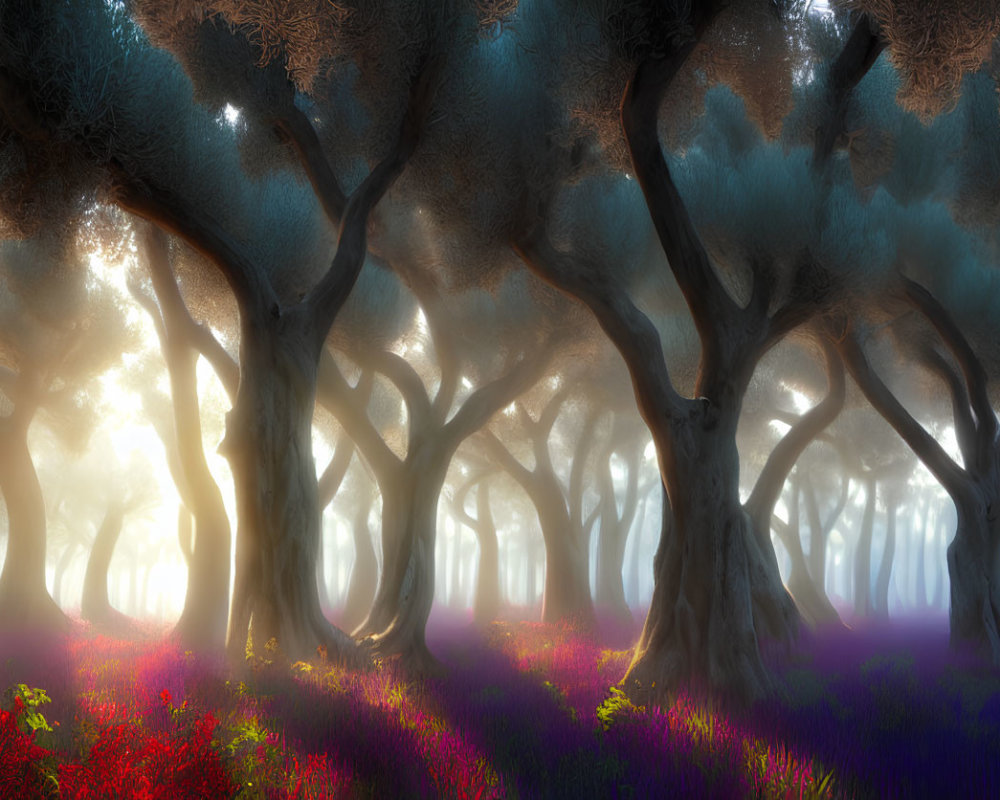 Ethereal forest with sunlight filtering through dense foliage and colorful underbrush