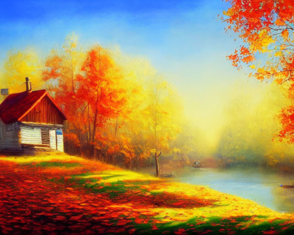 Scenic autumn cabin by lake with golden foliage