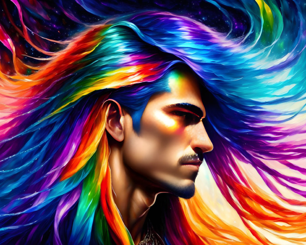 Colorful Profile Portrait of Man with Flowing Cosmic Mane