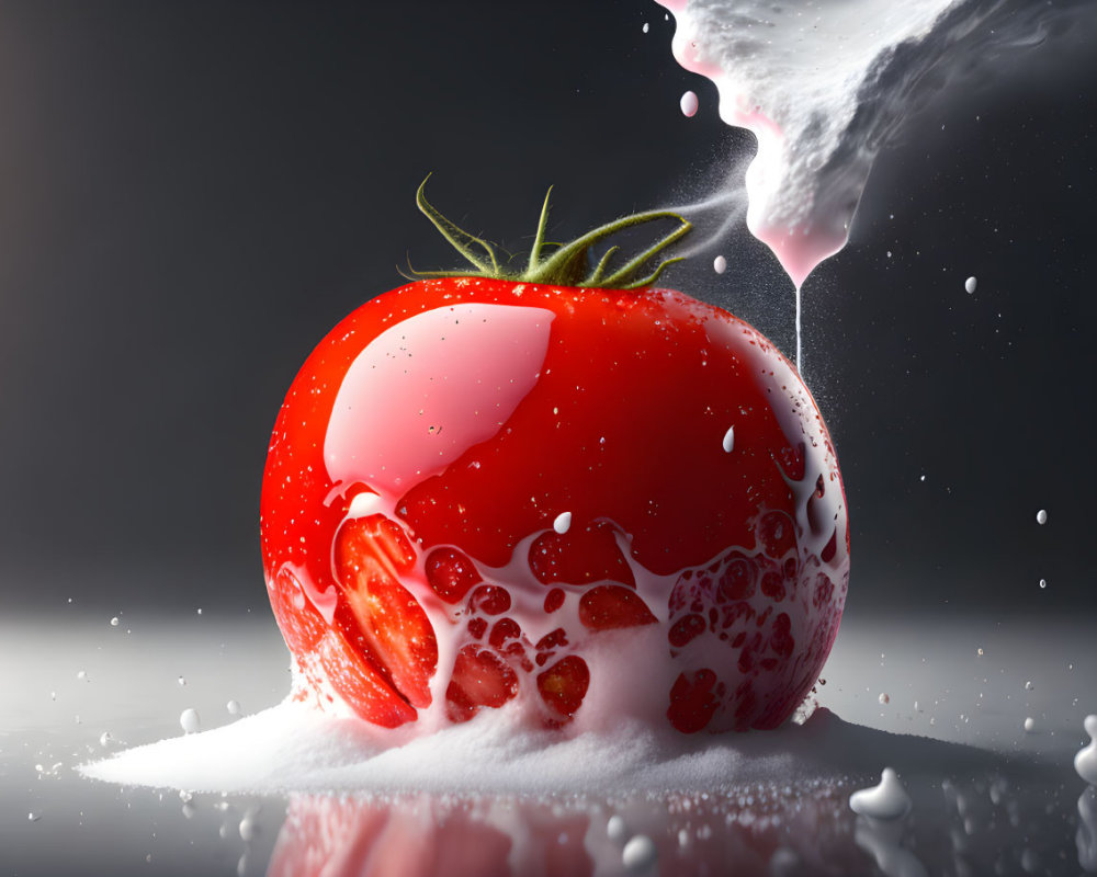 Ripe tomato splashed with creamy liquid on dark background