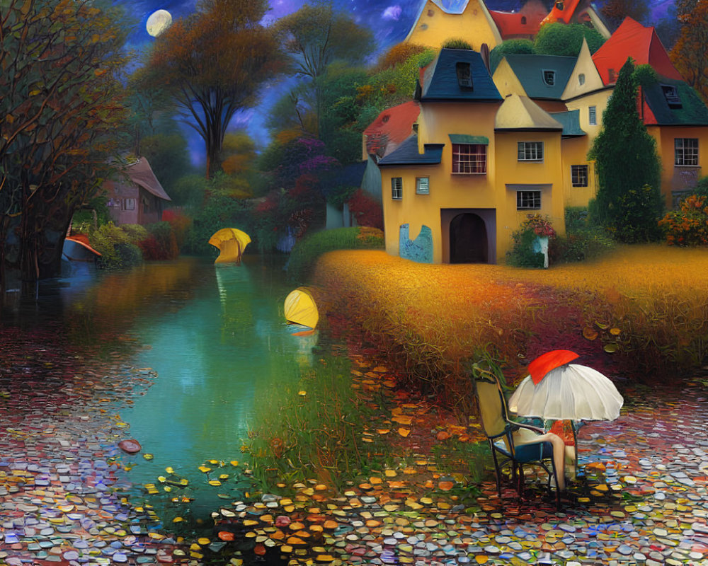 Vibrant autumn landscape with whimsical house, floating umbrellas, open book, coins, and