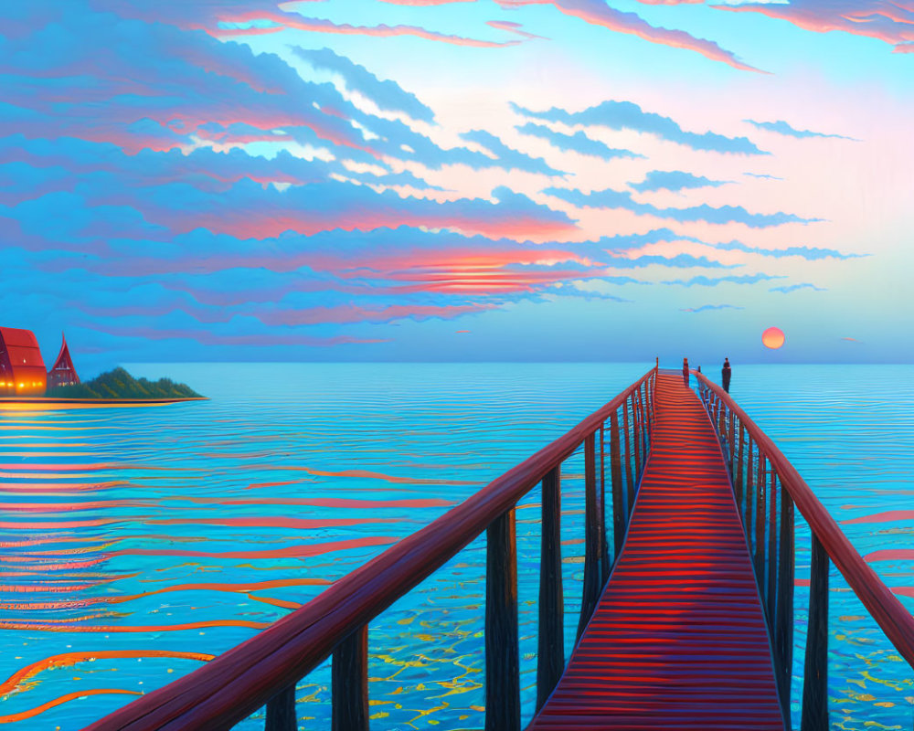 Digital artwork of wooden pier over tranquil waters at sunset