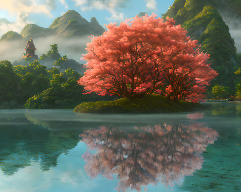 Pink cherry blossom tree by calm water with misty mountains and pagoda