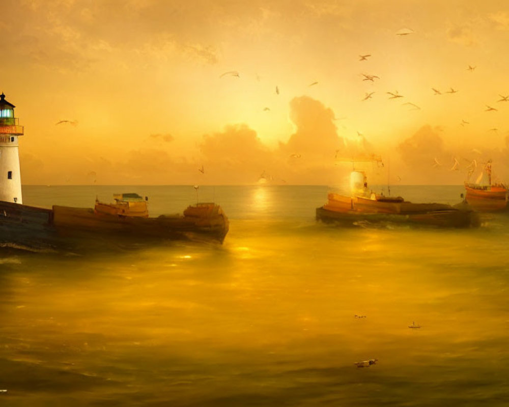 Tranquil sunset seascape with lighthouse, boats, and birds