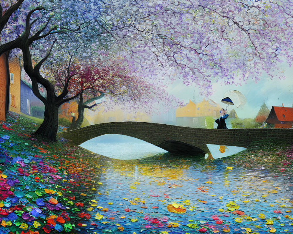 Colorful painting of person with umbrella on bridge amid flowers & reflection.