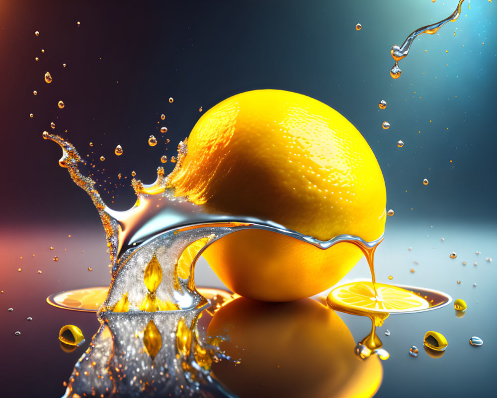 Bright Lemon with Splashing Water on Glossy Surface