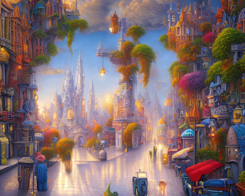 Vibrant digital artwork of whimsical street with colorful buildings