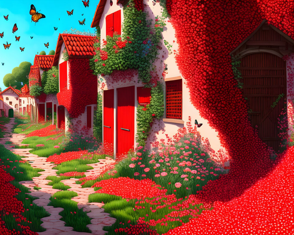 Red-roofed village with lush greenery and cobblestone path under sunny sky