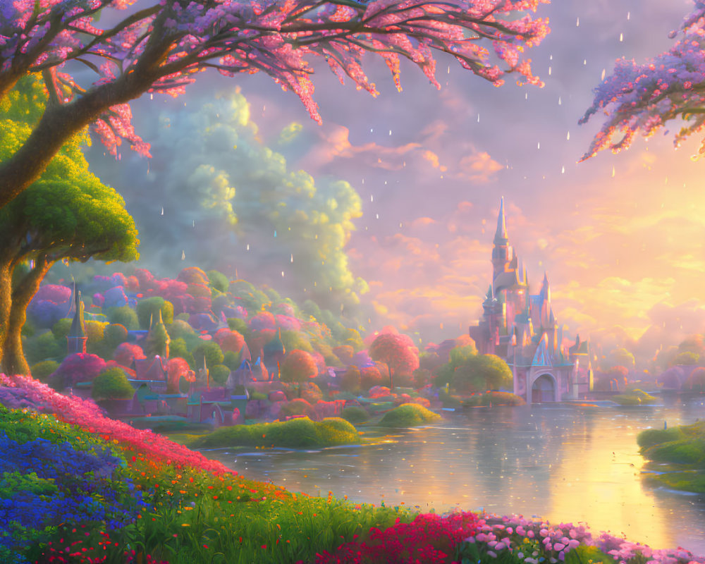 Enchanted landscape with castle, blooming trees, and river in golden-hour glow