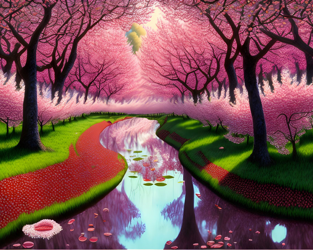 Digital artwork of tranquil path with pink blooming trees by calm river