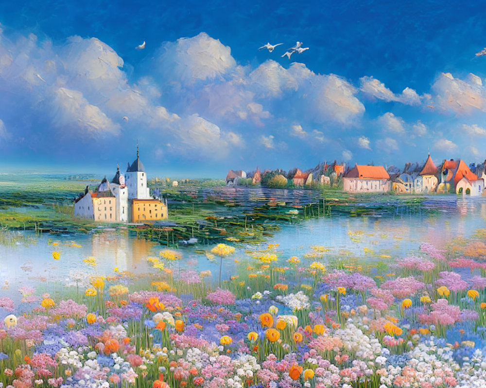 Colorful lakeside village painting with castle, houses, and blue sky.