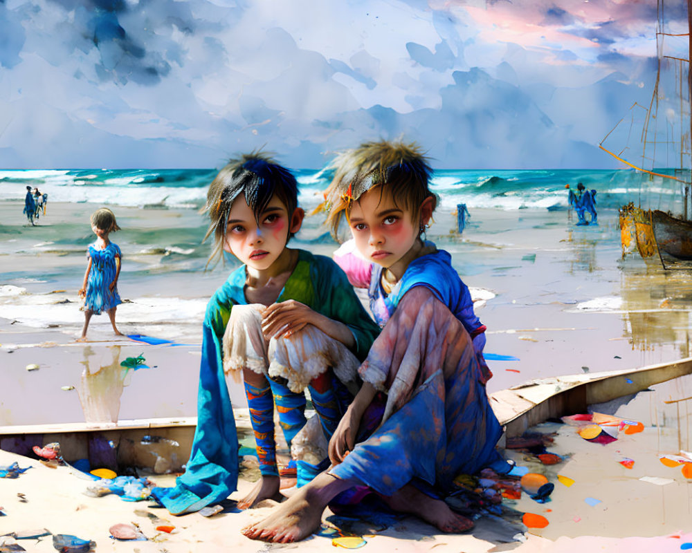 Children with striking eyes on beach with sailboat and dramatic sky.