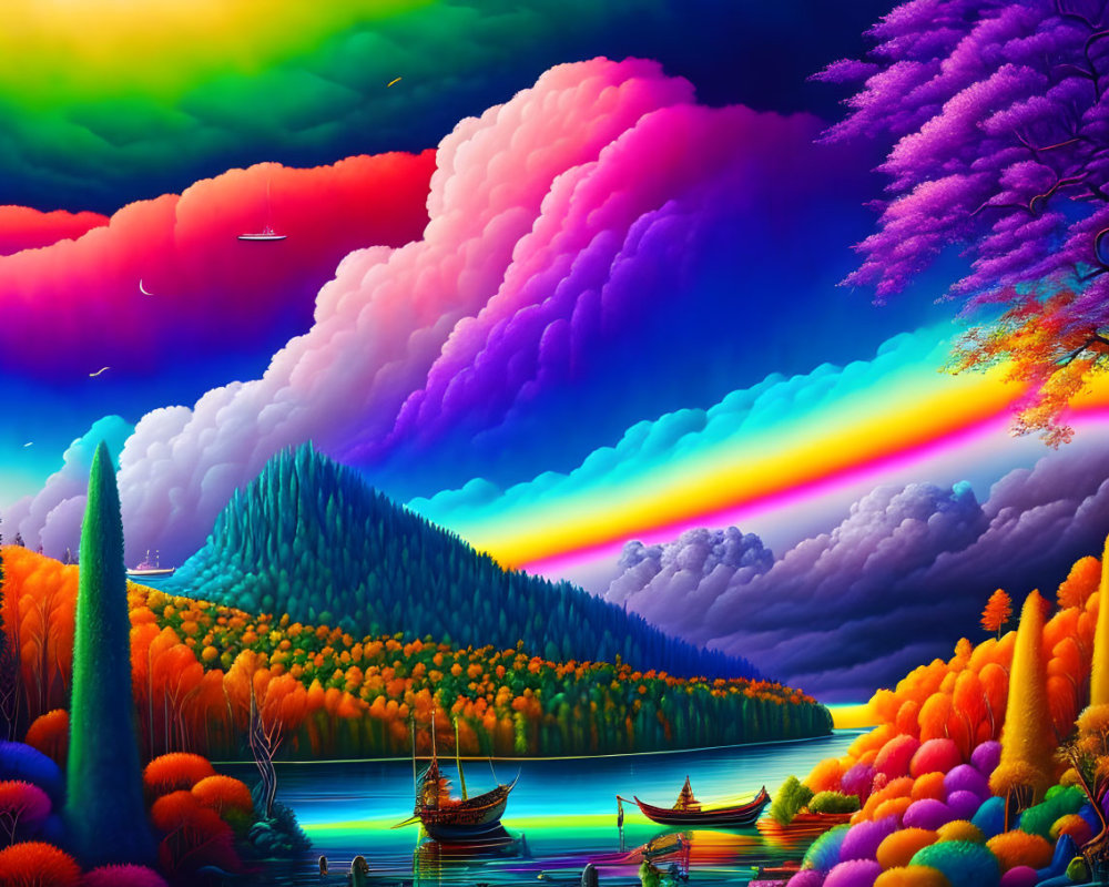 Colorful landscape with rainbow, autumn trees, mountains, clouds, and lake boats