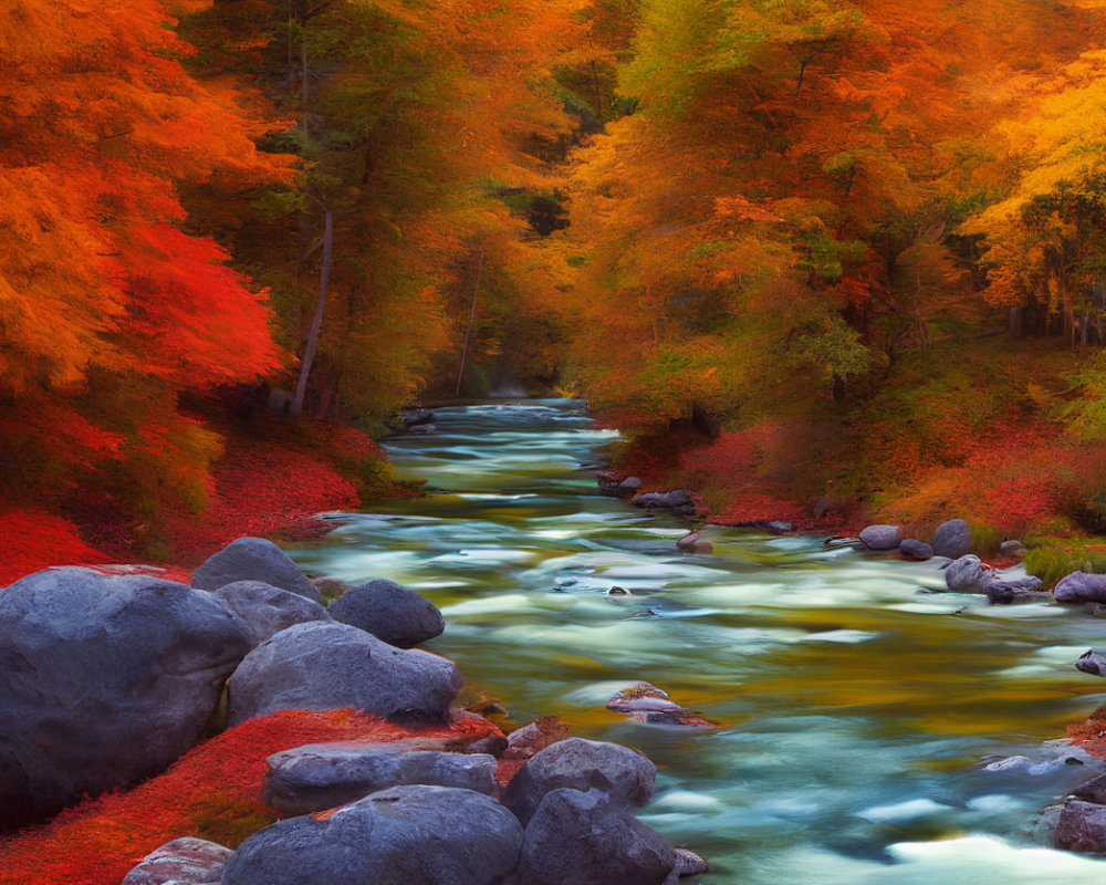 Tranquil river winding through vibrant autumn forest with orange and red leaves, large rocks by the bank