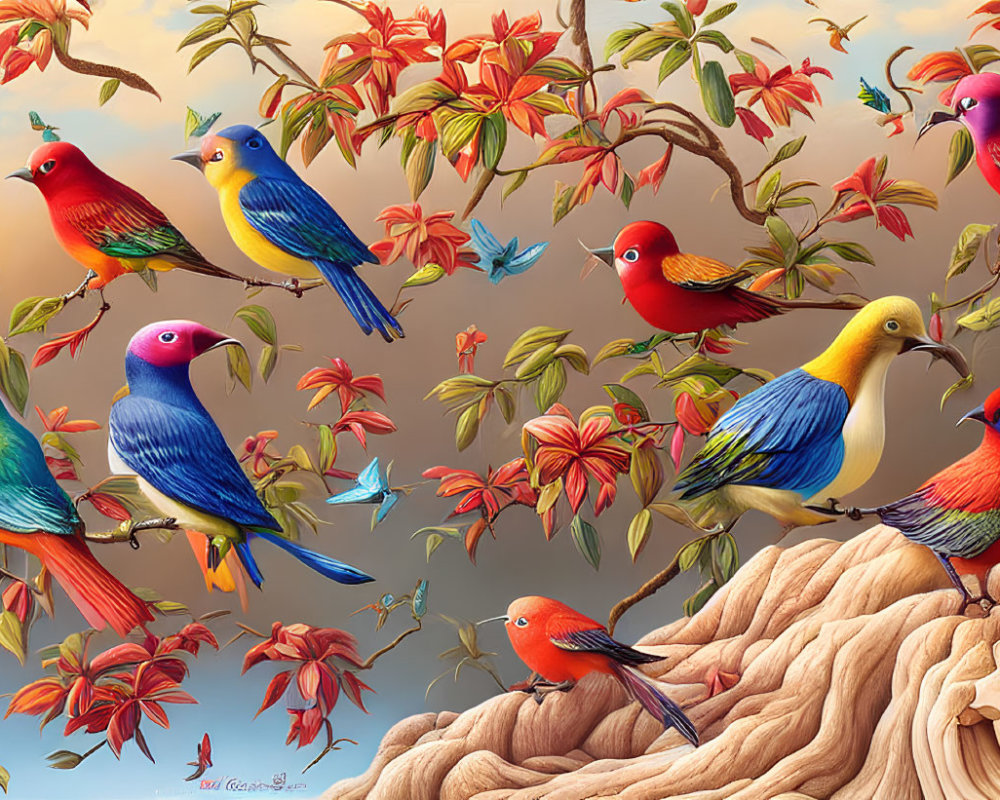 Colorful Birds on Branches Amid Autumn Leaves and Serene Sky