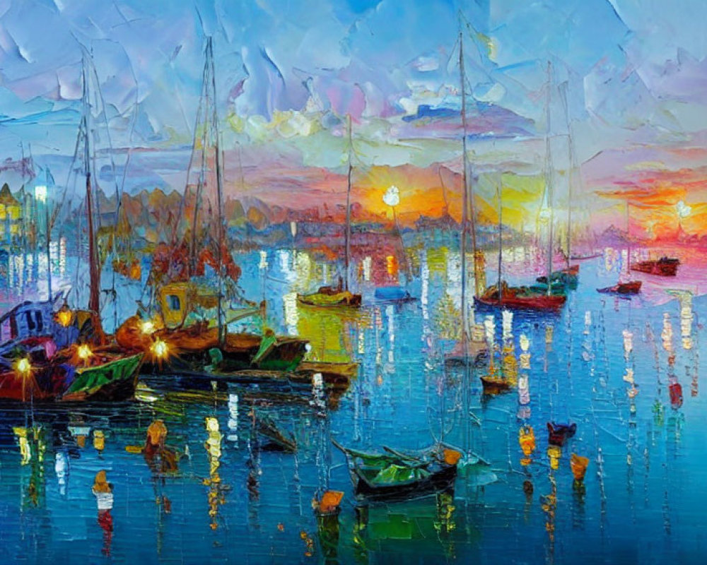 Vibrant Sunset Painting Over Marina with Boats & Reflections