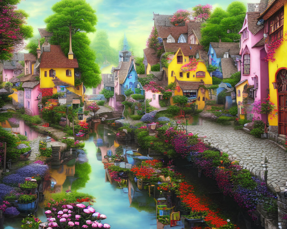 Colorful Fairytale Village with Canal and Cobblestone Paths