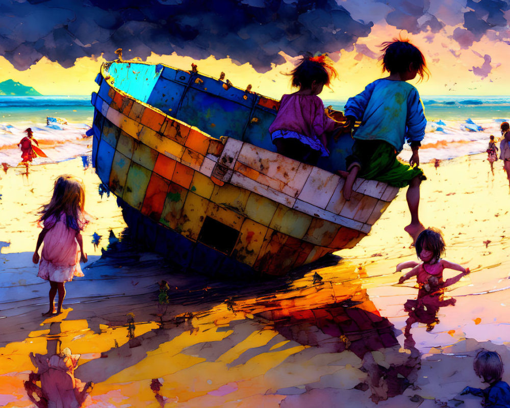 Kids playing on old boat on vibrant beach at sunset