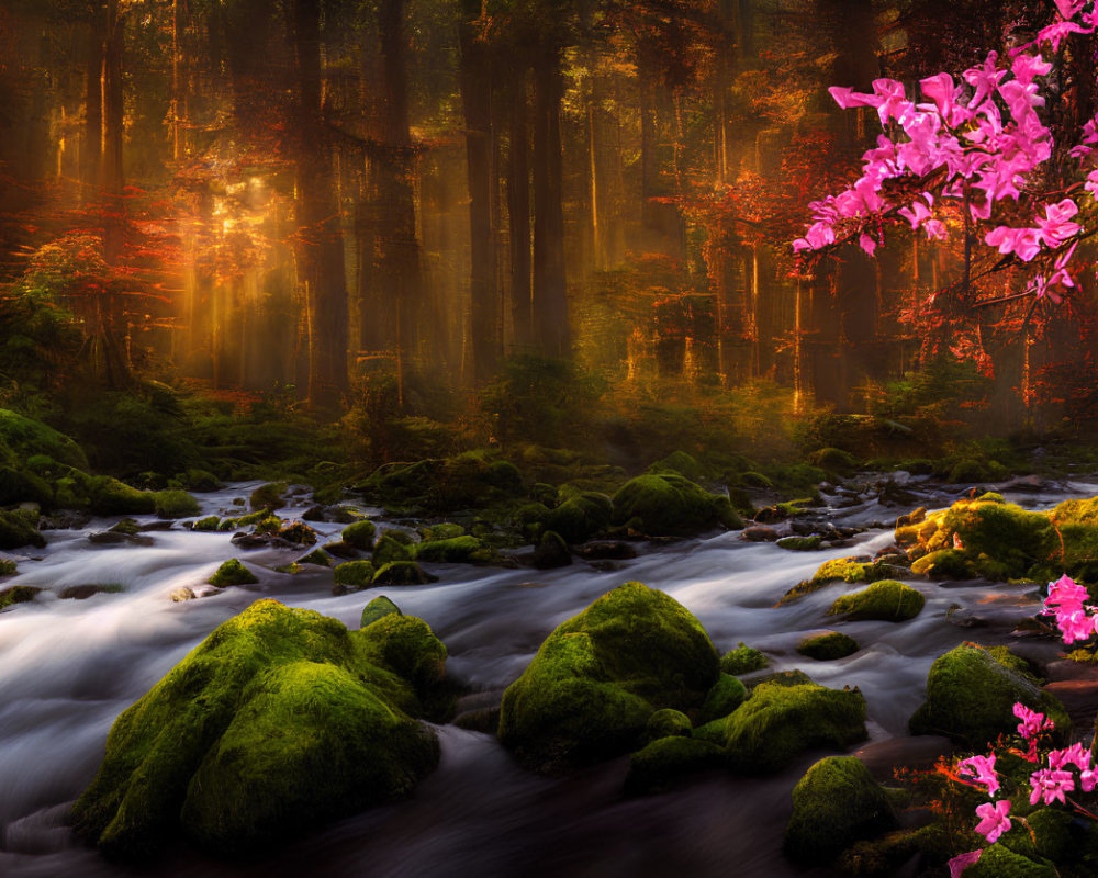 Misty forest scene with sunlight, stream, moss-covered rocks, and pink flowers