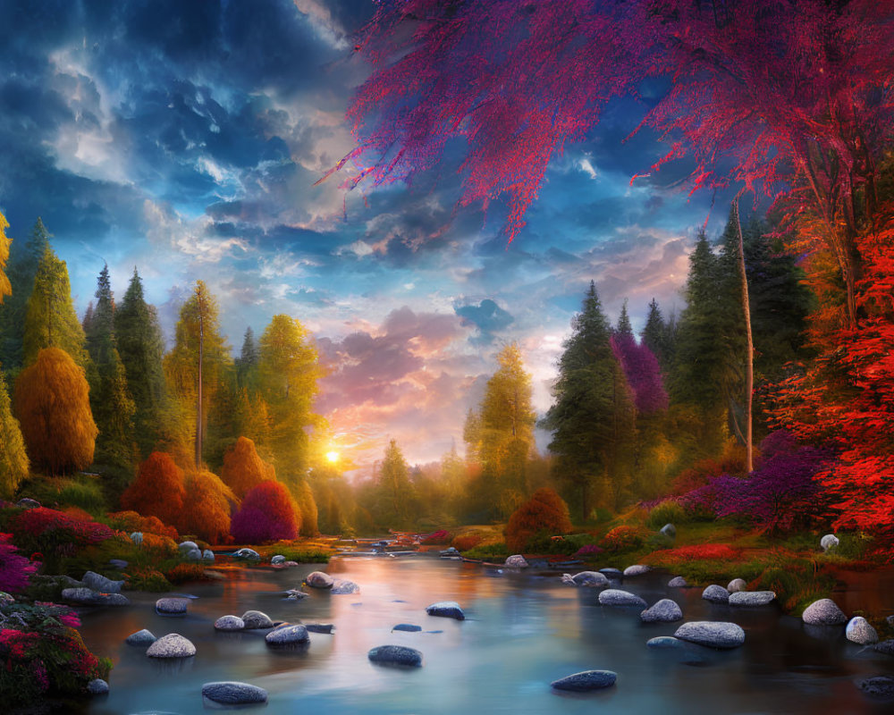 Scenic landscape with river, stepping stones, autumn trees, and sunset sky