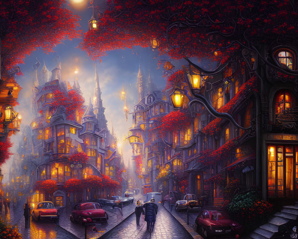 Victorian-style cobblestone street scene at dusk with glowing lamps, red foliage, and walking couple