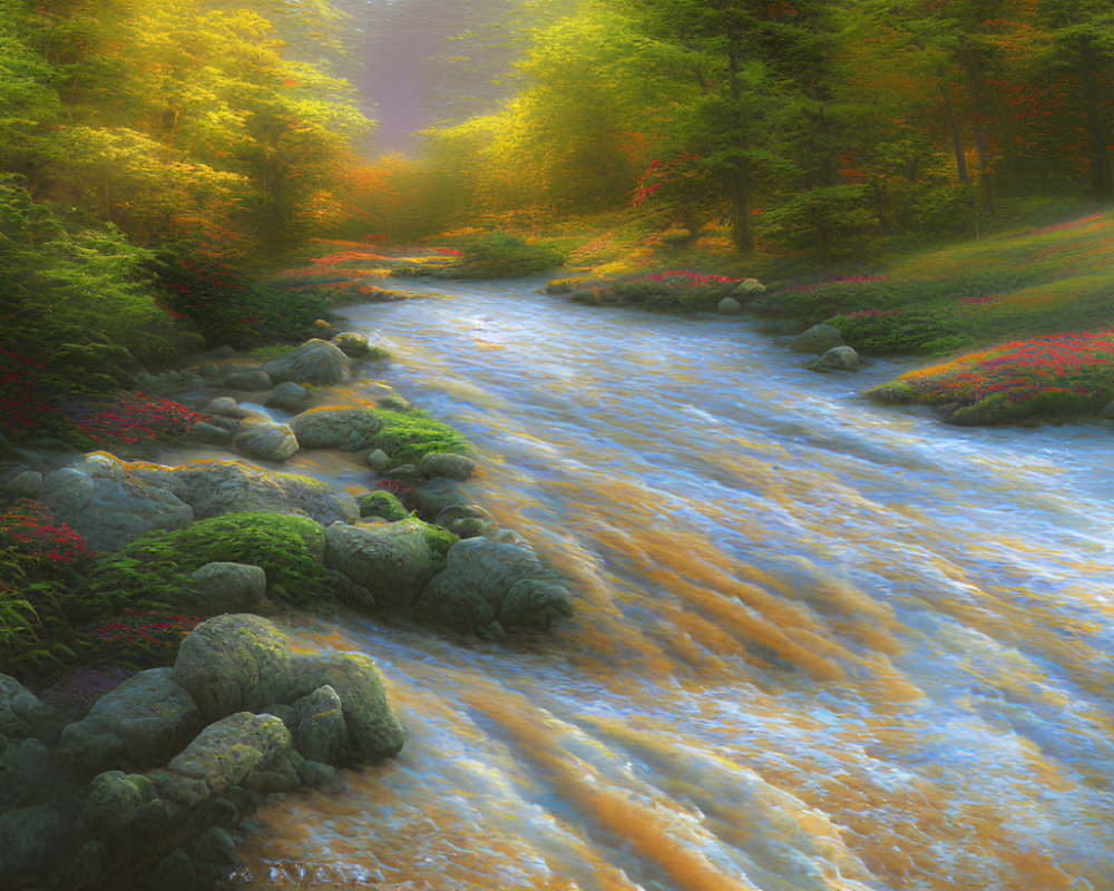 Tranquil stream in vibrant forest with sunlight filtering through canopy