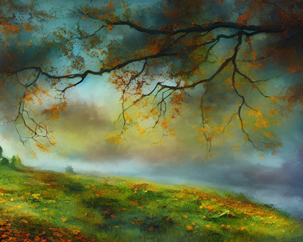 Autumnal landscape with mist, vibrant foliage, house, and riverbank