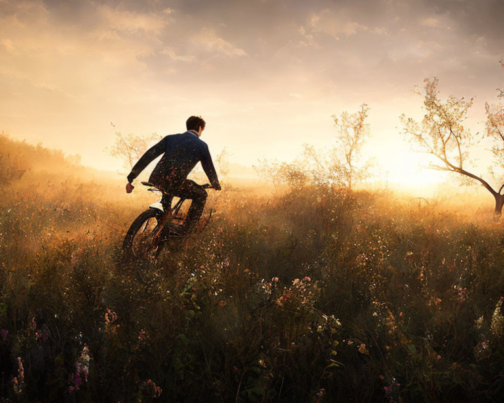 Person in suit rides bicycle through misty meadow with wildflowers and tree.