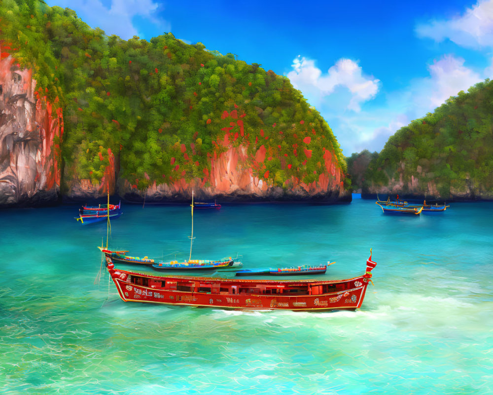 Traditional boats on turquoise water near lush green island with rocky cliffs and red-flowering trees under blue sky