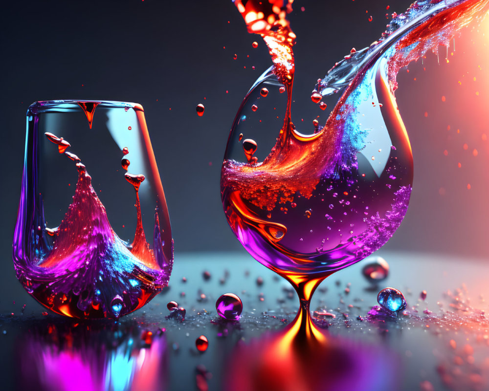 Colorful Liquid Splashing in Glasses on Reflective Surface