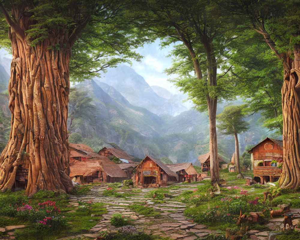Rustic Village with Wooden Cabins and Misty Mountains