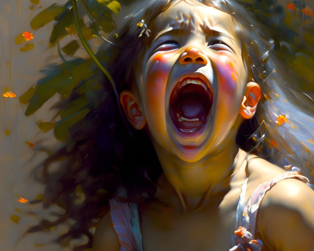 Digital artwork: Young girl crying with sunlight through flowers