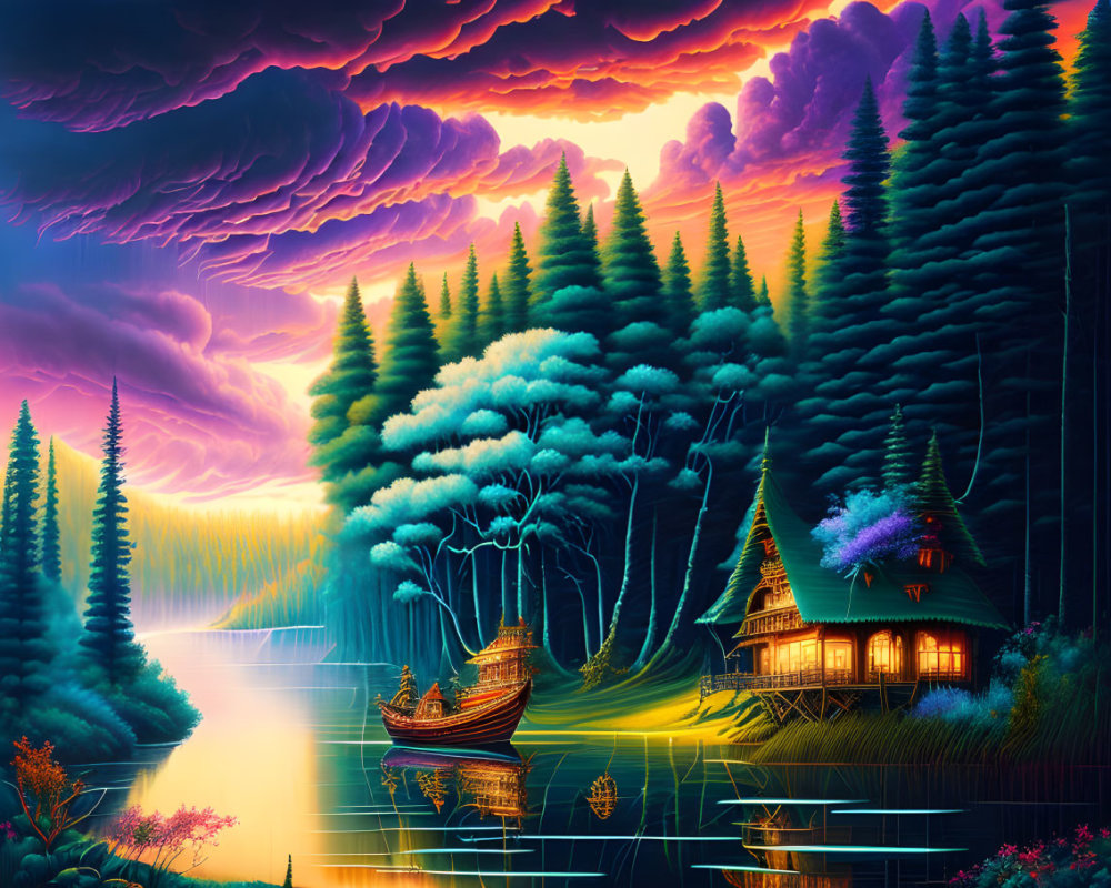 Surreal landscape with luminous lake, stylized trees, house, and boat under purple sky