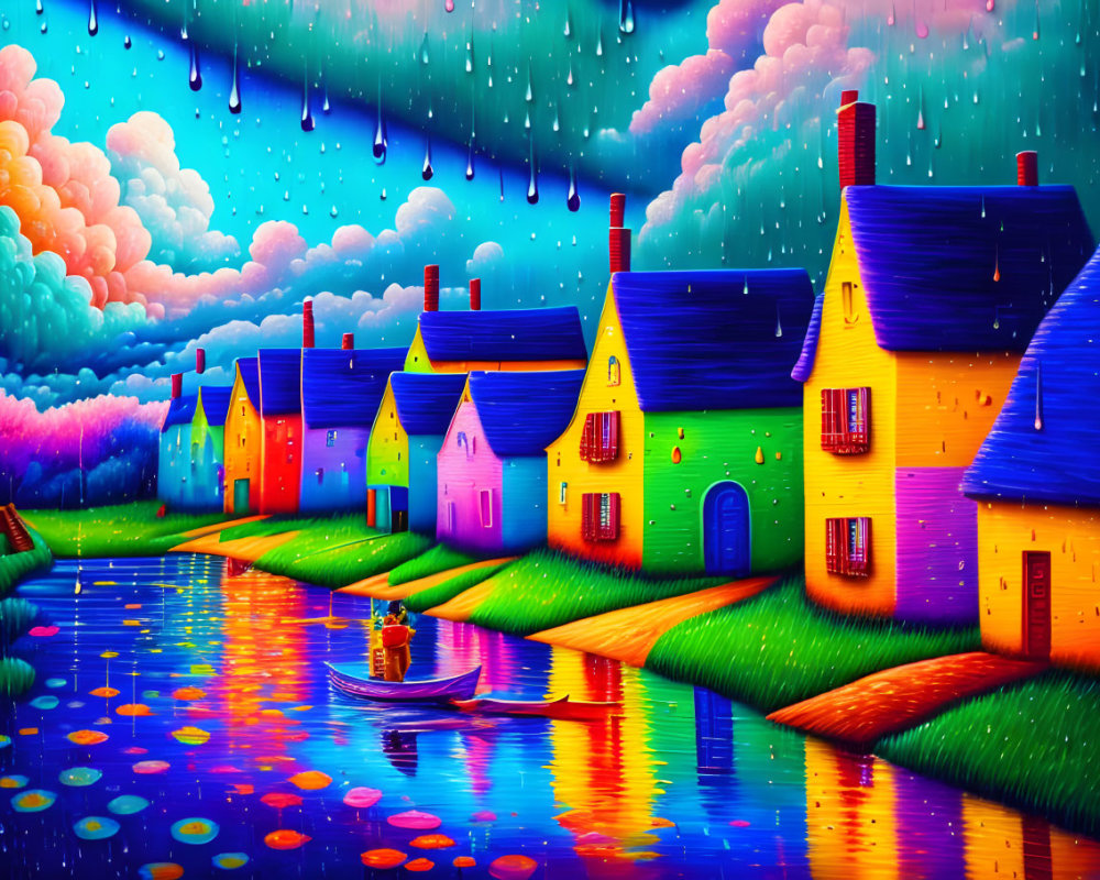 Colorful Houses by River with Boat and Whimsical Sky