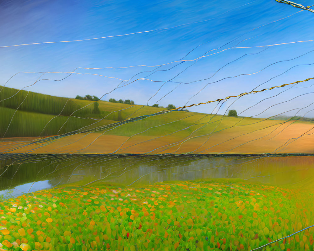 Surreal landscape with broken glass effect overlaying fields, hills, and water body