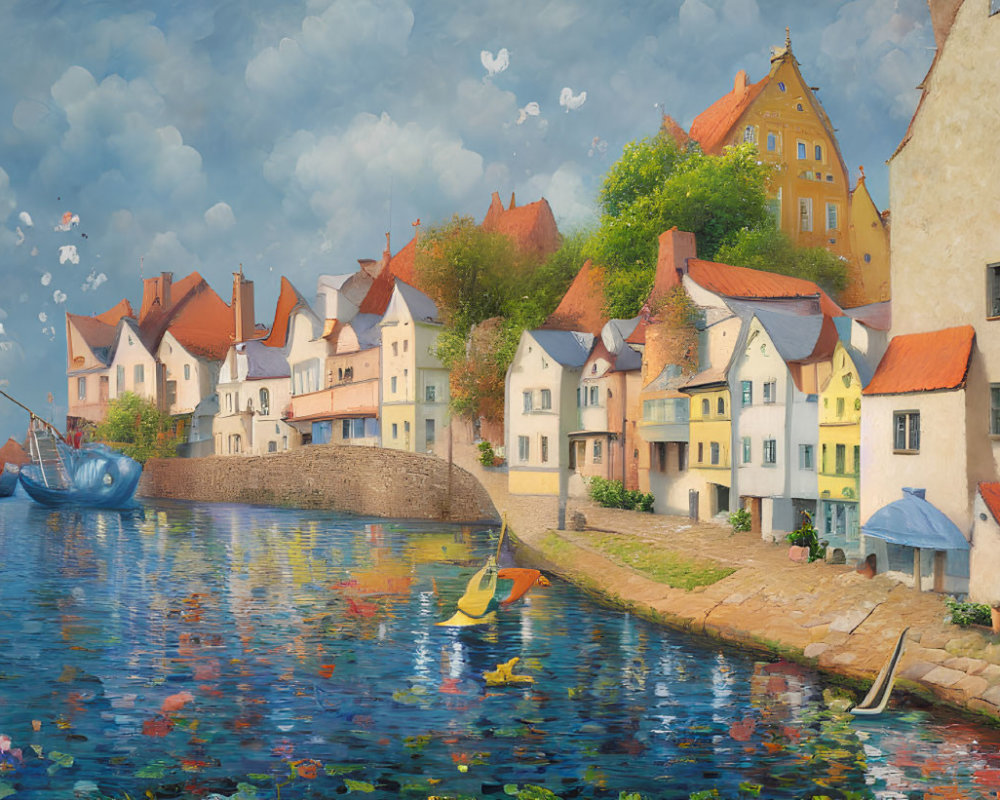 Picturesque European Village Along Serene River with Colorful Houses, Boats, and Whimsical