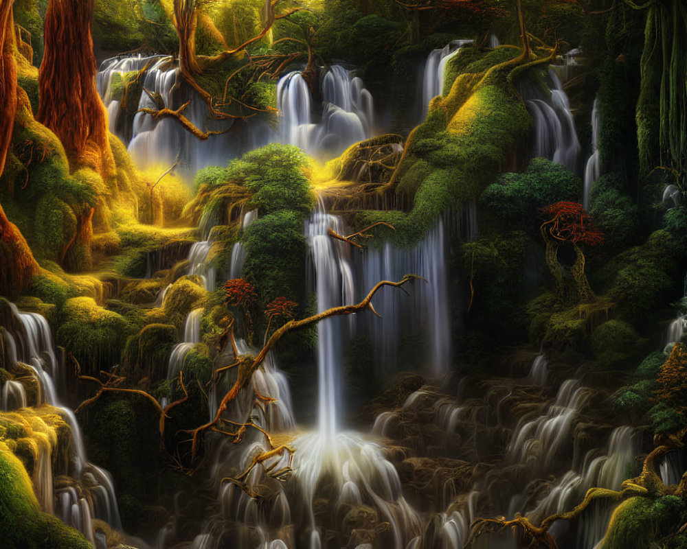 Enchanting forest with waterfalls, moss-covered trees, and mystical glow
