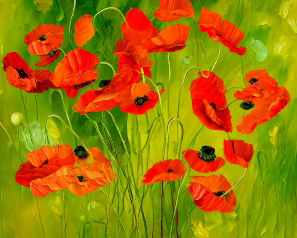 Vivid Red Poppies on Green and Yellow Background