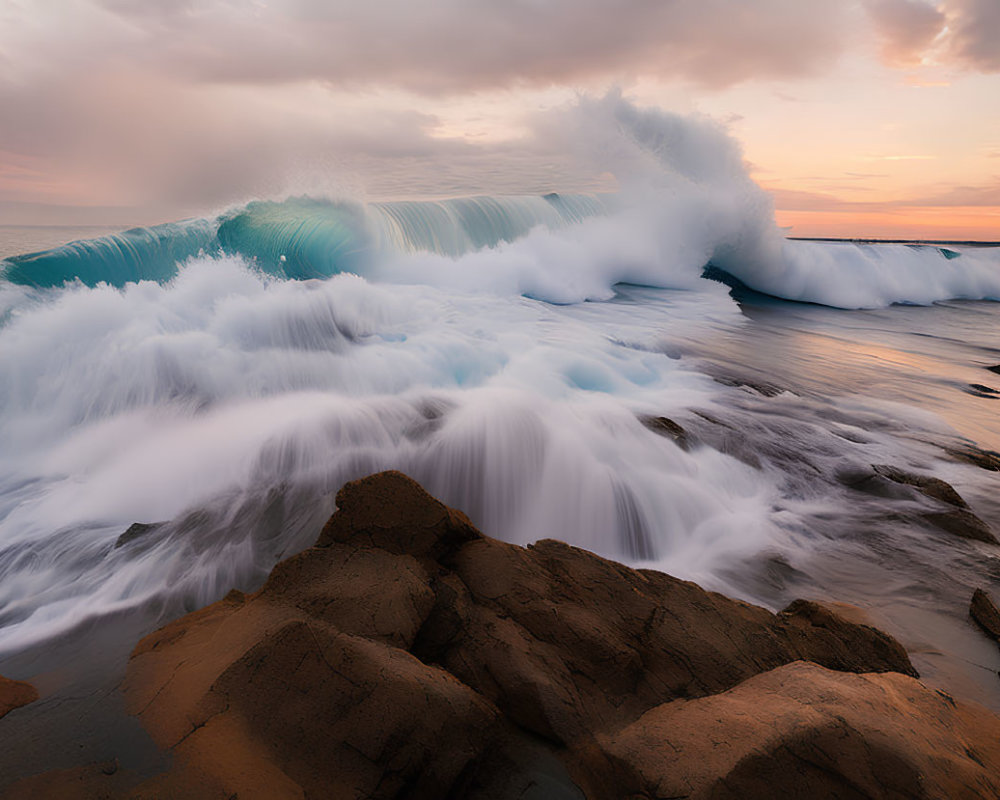 Majestic wave crashing on rocky shores at sunset